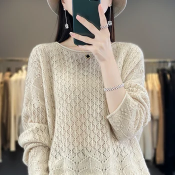 100% merino megztinis moterų megzti tuščiaviduriai apvalios kaklo megztinis Pavasarį ir Rudenį korėjos mados prarasti aukštos klasės prabangus kailis