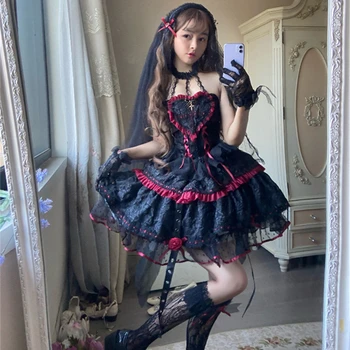 Dark Gothic Lolita Stiliaus Suknelės Viktorijos Moterų Nėriniai Apynasrio Kaklo Tvarstis Korsetas Jsk Suknelė Japonijos Mados Atostogų Šalis Suknelė