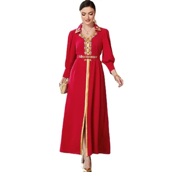 Eid Šalis Suknelė Moterims Atvartas Abaja Ramadanas Maroko Kaftan Dubajus Prabangus Karoliukai Elegantiškas Suknelės Ilgomis Rankovėmis Islamas Turkija Abayas