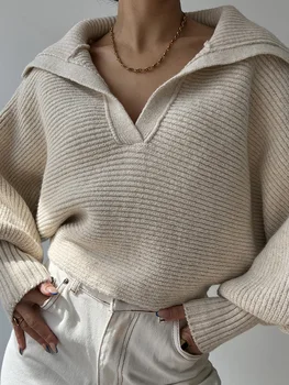 Elegantiškas Moteris, Pasukite Žemyn Apykaklės Megztinis Vientisų Kratinys Ilgomis Rankovėmis Prarasti Streetwear Viršūnes Femme Rudens Žiemos 2023 Atsitiktinis Džemperiai