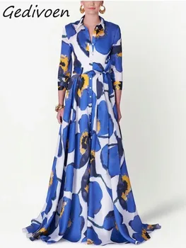 Gedivoen Vasaros Mados Dizaineris Vintage Modelis Atspausdintas Suknelė Moterims, Atlošas Trijų ketvirčių Rankovėmis Mygtuką Frenulum Slim Ilga Suknelė