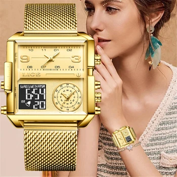 LIGE 2023 Naujas Aukso Žiūrėti Moterų Top Brand Prabanga Kūrybos Aikštė Laikrodžiai Ponios Mados Dvigubas Ekranas Žiūrėti Relogio Feminino+BOX
