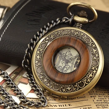 Medienos Mens Kišeninio Laikrodžio Su PAKABUKU, Grandinės Derliaus Mechaninė Steampunk kišeniniai laikrodžiai menVest Laikrodis Vertus Vėjo reloj de bolsillo