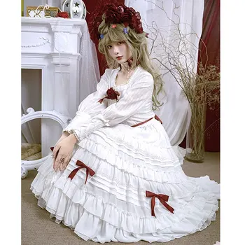 Mergina Rose ~ Klasikinis Lolita Balta Sijonas / ilgomis Rankovėmis Palaidinė Aušros ir Ryto Rasa