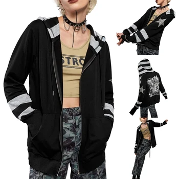 Moterų Gothic Punk Stiliaus Zip Hoodies Sparnus Laiškas Spausdinti ilgomis Rankovėmis Palaidinukė Atsitiktinis Striukė Rudens Streetwear