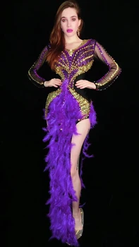 Naujų Seksualių Naktinių Barų Kostiumas PurpleSequins Plunksnų Ritininės Ilga Suknelė Moterims LeadDancer Partijos Veiklos Etape Dėvėti