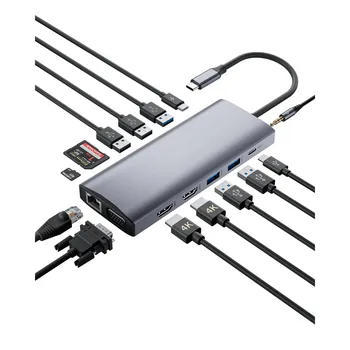 USB C Docking Station, 14 ir 1 Nešiojamas Hub 3 Monitorius su 4K Dual HDMI, VGA,100W Galios Pristatymo, 3USB 3.0, Gigabit Ethernet Prievadai