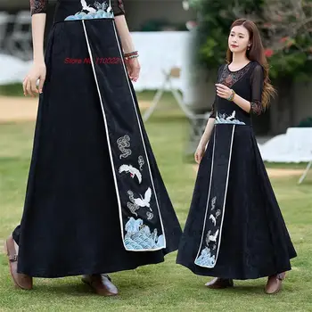 2023 kinijos tradicinės satino sijonas nacionalinės krano siuvinėjimo elastinga juosmens-line sijonas etninės rytietiški liaudies a-line sijonas