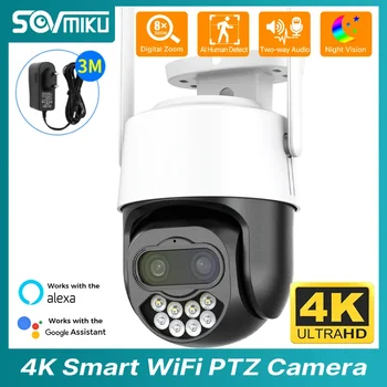 4K 8MP 2.8+12mm Dvigubo Objektyvo WiFi Smart PTZ IP Kameros 8X Priartinimas Hybrid ONVIF AI Žmogaus Aptikimo Sekimo, Stebėjimo Vaizdo Kamera
