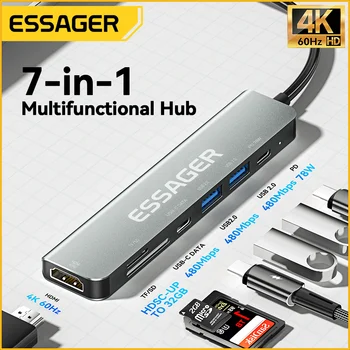 Essager 7 in 1 USB C Hub PD 78W USB 2.0 C Tipo HDMI-Suderinama Laptop Dock Station) Nešiojamąjį kompiuterį 