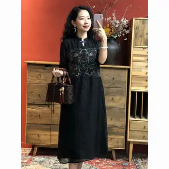 Iki 2023 m. pavasarį ir vasarą-line sijonas moterims trumpomis rankovėmis patogus qipao suknelė nacionalinės stilius derliaus cheongsam suknelė