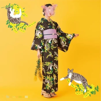 Japonų Kimono Chalatas Moterų Tradicinio Stiliaus Grynos Medvilnės Audinio Japonijos Fotografija Foto Kelionės Kimono Katė