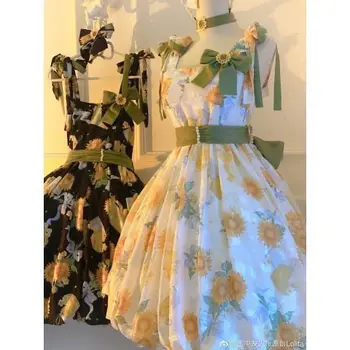 Kawaii Lolita Jsk Suknelė Moterims Vasaros Saldus Saulėgrąžų Spausdinti Raukiniai Šalies Diržas Mergaičių Suknelės Rankovių Princess Mini Sundresses