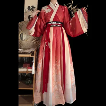 Kinų Tradicinė Raudona Hanfu 3PCS/Set Kostiumas Moteris Senovės WeiJin Dinastijos Suknelė Rytų Princesė Dress Lady Elegancija Šokių
