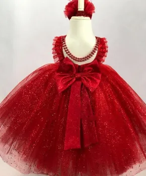 Raudona Blizgučiai Tiulio Kūdikių, Mergaičių Suknelės su Laivapriekio Kūdikio Pirmojo Gimtadienio Suknelė Nauja Dovana Mergaitėms, Dydis 6M 9M 12M 24M