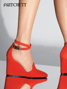 Red Suede Pleišto Sandalai Pažymėjo Tne Tuščiavidurių Metalo Sagtis Platformos Basutės Didelis Dydis Mados Pokylių Seksualus Moterų Batai