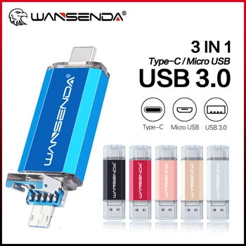 WANSENDA USB Flash Drive 3 IN 1 USB3.0 & TYPE C & MicroUSB Pendrive 32GB 64GB 128GB 256 GB 512 GB U Disko Smartfon/VNT